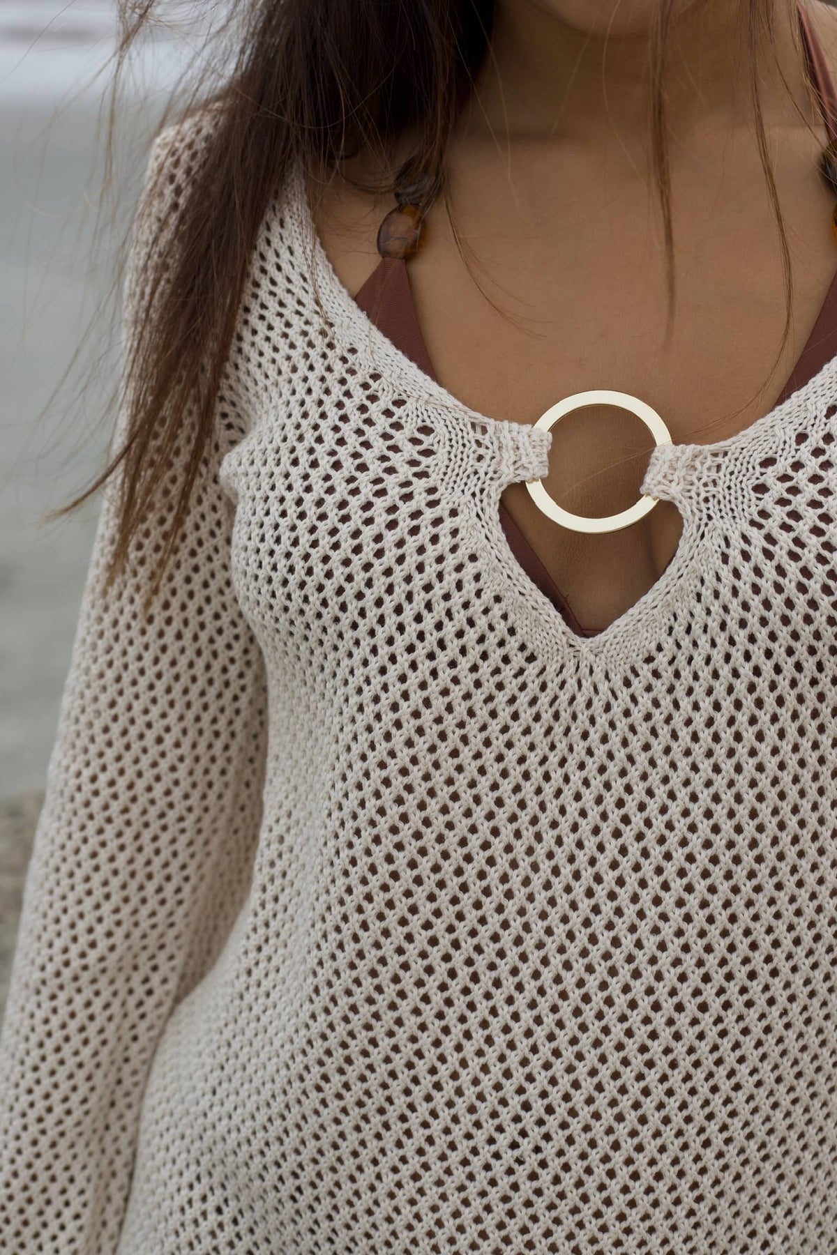 Nantucket Knit Mini Dress – Long Sleeve Gold Ring Beach Cover-Up