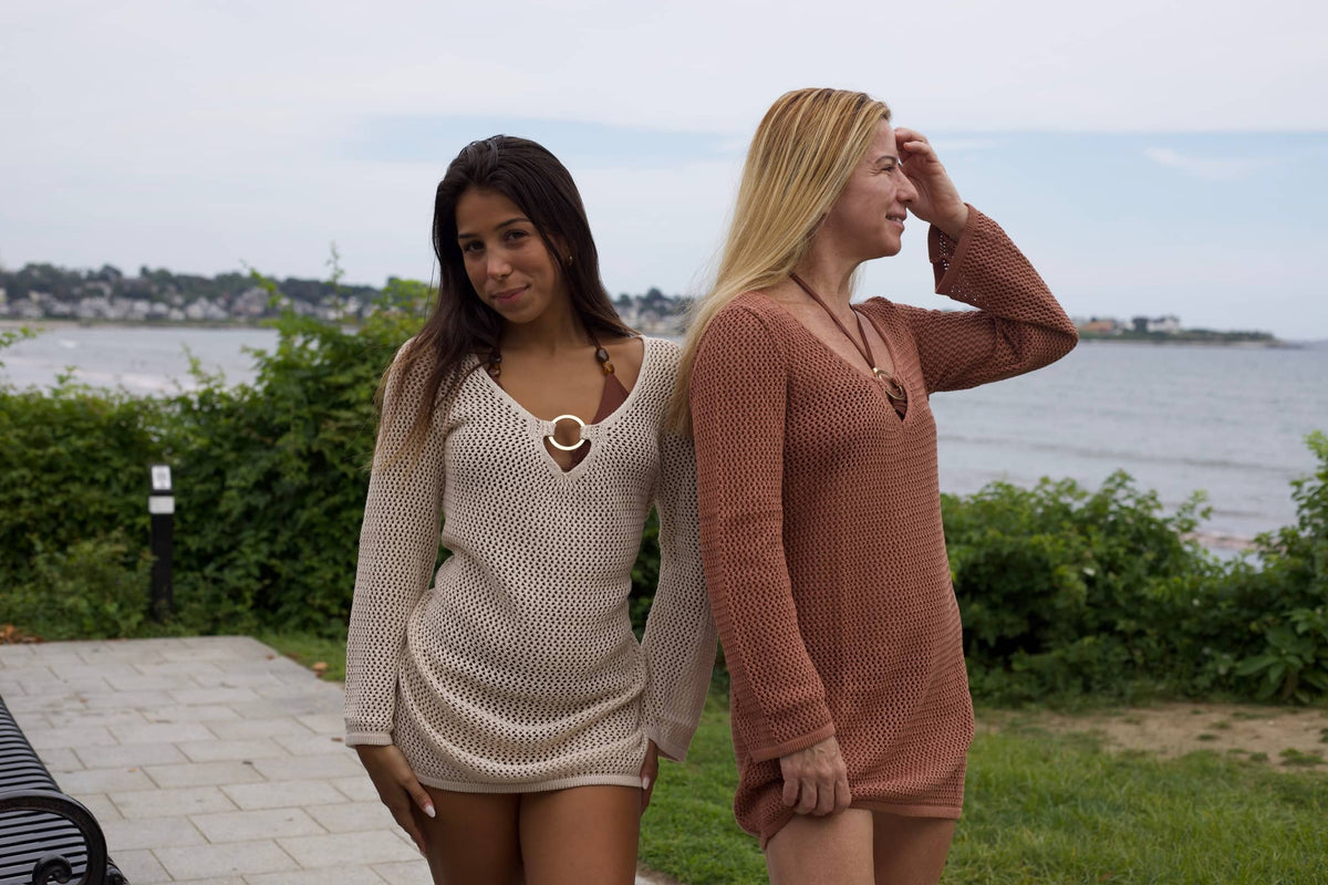Nantucket Knit Mini Dress – Long Sleeve Gold Ring Beach Cover-Up
