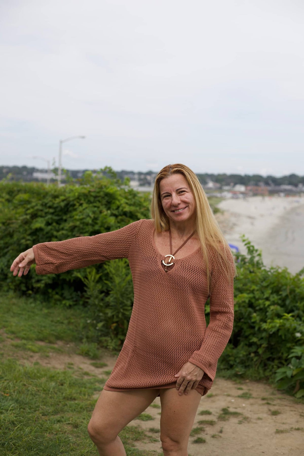 Nantucket Knit Mini Dress – Long Sleeve Gold Ring Beach Cover-Up